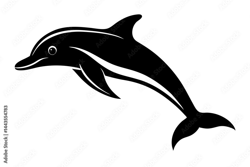 Obraz premium A black silhouette of a dolphin leaping, shown in profile, with a streamlined body and a playful, dynamic shape