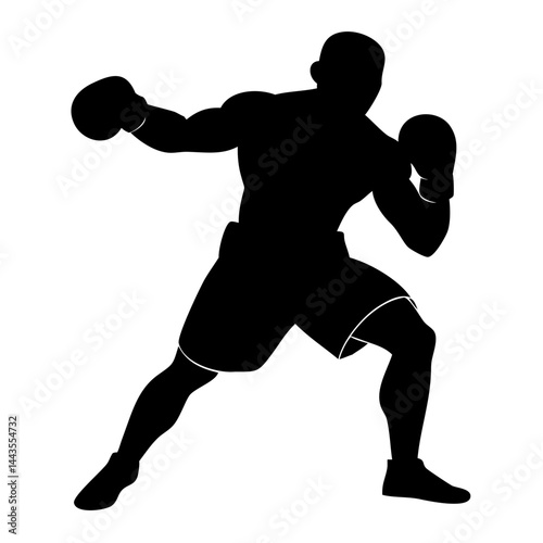 A black and white vector illustration of a muscular boxer in a fighting stance, wearing boxing gloves and shorts
