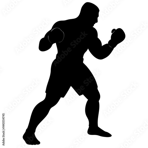 A black and white vector illustration of a muscular boxer in a fighting stance, wearing boxing gloves and shorts