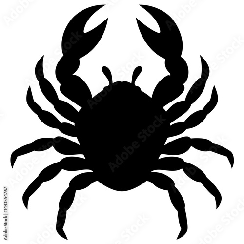 A black silhouette of a crab, shown from above, with large claws and multiple legs 