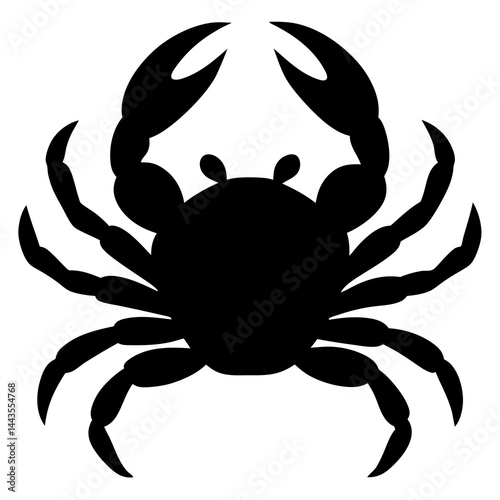 A black silhouette of a crab, shown from above, with large claws and multiple legs 