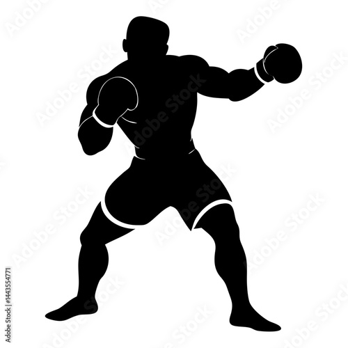 A black and white vector illustration of a muscular boxer in a fighting stance, wearing boxing gloves and shorts