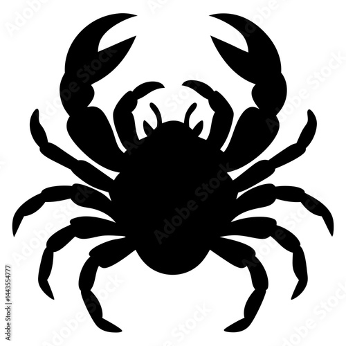 A black silhouette of a crab, shown from above, with large claws and multiple legs 