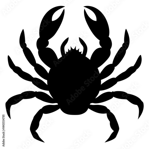 A black silhouette of a crab, shown from above, with large claws and multiple legs 