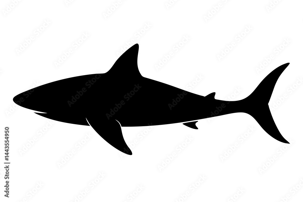 Obraz premium A black silhouette of a shark, shown in profile, with a streamlined body, pointed snout, and prominent dorsal fin