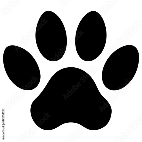 A black silhouette of a paw print, shown in a simple, flat style