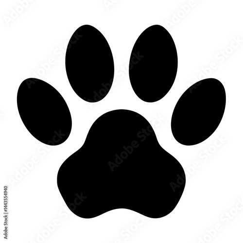 A black silhouette of a paw print, shown in a simple, flat style