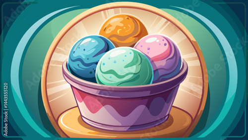 Colorful ice cream balls stacked in a cozy paper cup.
Swirls of flavor peek through glossy, frozen curves.
A soft shadow grounds the treat on clean white space.
Simple, sweet joy in a perfect little c