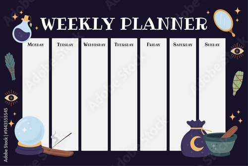 Witchy weekly planner template with crystal ball, spell herbs, incense, moon pouch, cauldron, and mystical symbols on dark background — perfect for spiritual scheduling, magical journaling.