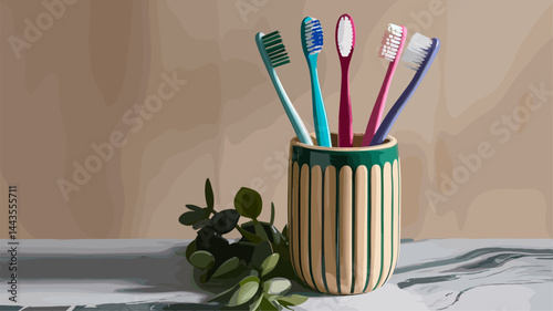 A creative arrangement of colorful toothbrushes in a decorative holder. The scene is complemented by green foliage, giving a fresh and clean aesthetic ideal for dental themes.