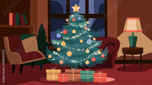 A charming vector illustration of a cozy living room featuring a beautifully decorated Christmas tree, colorful ornaments, and neatly wrapped gifts. Perfect for holiday-themed designs.