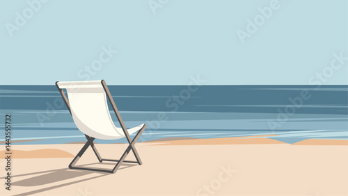 A serene vector illustration featuring a deck chair on a sandy beach with calm ocean waves in the background. Perfect for summer or vacation themes.