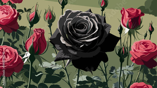 A visually striking vector illustration featuring vibrant red roses alongside a stunning black rose. Perfect for floral design themes and romantic inspirations.