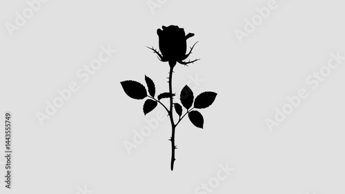 A striking black silhouette of a rose with detailed leaves and thorns, ideal for various graphic design projects including invitations and posters.