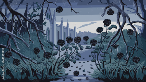 A hauntingly beautiful illustration of a gothic landscape featuring black roses, dark trees, and an eerie church silhouette. Perfect for spooky themes and gothic art.