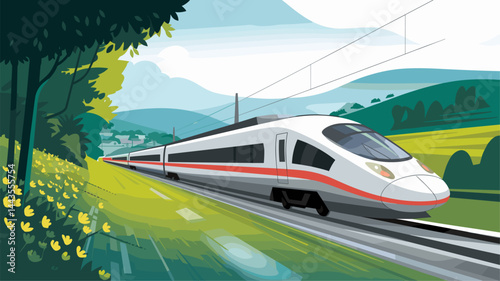 A sleek high-speed train races through a vibrant, green countryside, showcasing the harmony of technology and nature. Ideal for travel and transportation themes.