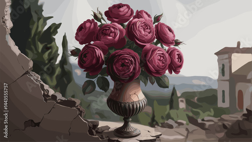 A beautifully rendered vector image featuring a bouquet of dark pink roses in a decorative vase, set against a picturesque landscape. Perfect for floral and nature themes.