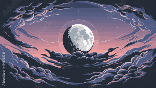 A captivating vector illustration of a full moon surrounded by stylized clouds, set against a gradient twilight sky. Perfect for adding a magical atmosphere to designs.