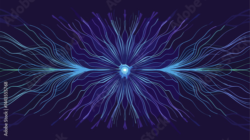 Dynamic and vibrant abstract design featuring flowing light particles and waves emanating from a central point. Perfect for technology and digital themes.