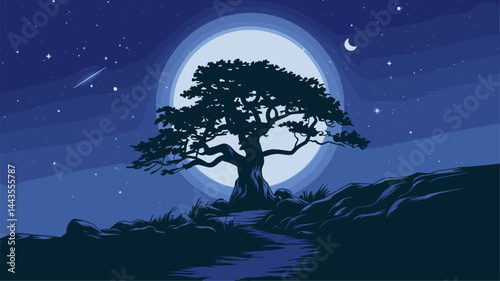 A detailed vector illustration of a lone majestic tree silhouetted against a bright full moon and a starry night sky. Ideal for nature and tranquility themes.