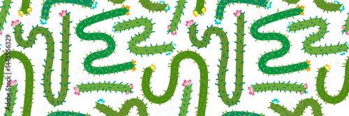 seamless white background pattern with cartoon mexican cacti and colorful flowers, cute vibrant kids summer design for cinco de mayo, wrapping, textile