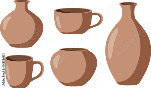 handmade clay pottery isolated vector set, traditional ceramic cups and vases collection in brown earthy tones, realistic earthenware design for crafts projects