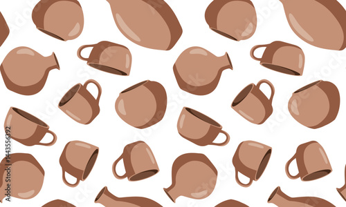 seamless vector pattern of terracotta pottery on white background, repeating design with jugs and mugs, rustic ceramic texture pottery workshop backgrounds textile