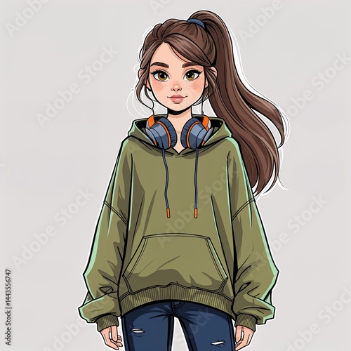 A stylish girl in a hoodie and headphones in a minimalist style. The art series is a family of 