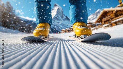 Skier on groomed slope, snowy Alps photo