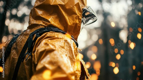 A person wearing a yellow raincoat and carrying a backpack, possibly on an outdoor adventure