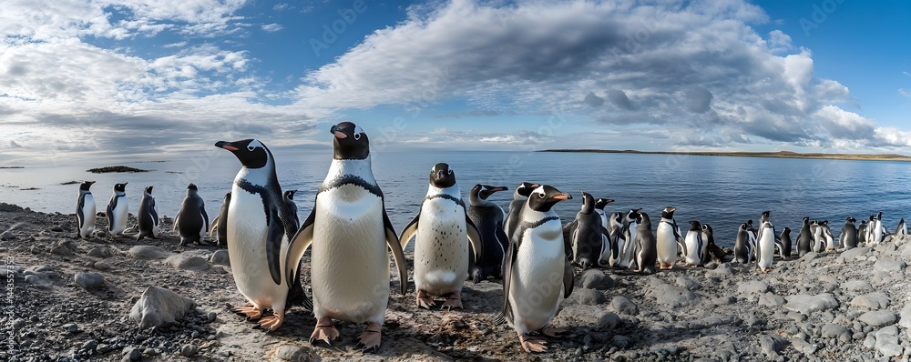 Obraz premium Many penguins standing together near ocean under cloudy sky