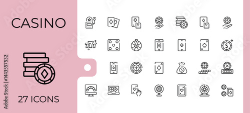 Casino icon collection. Pack of gamble, dice, ace, card, jackpot, bet and more. Sign and Symbol. Gambling icon set. Vector illustration in modern line style.