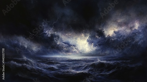 Mysterious dark ocean under dramatic stormy clouds with a hint of light on the horizon, evoking feelings of awe and wonder.