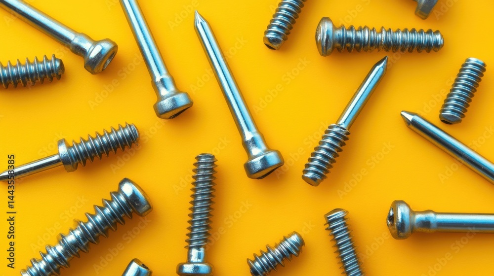 A collection of nails and screws on a yellow background 
