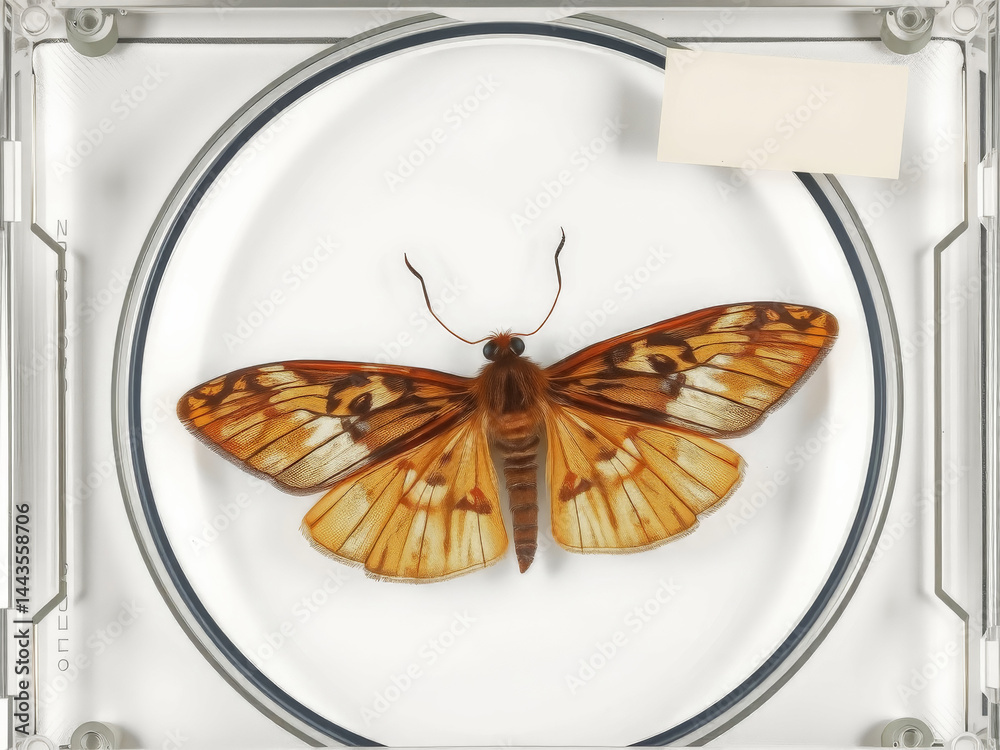 A butterfly is on a white plate. The plate is clear