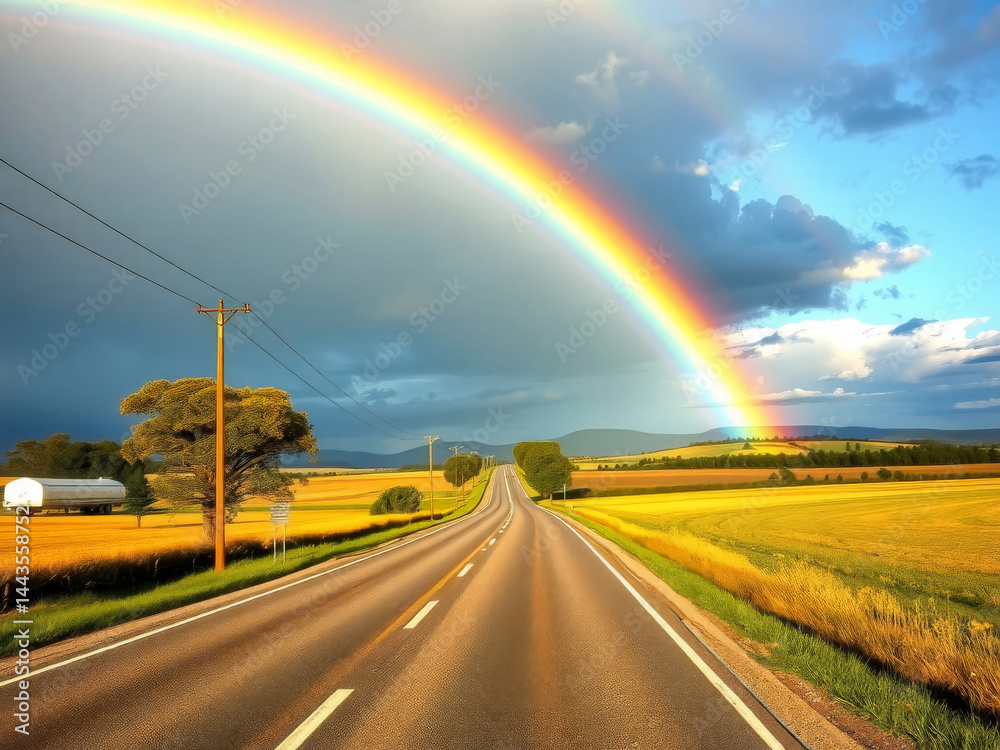 A rainbow is seen over a road with a sign on the side of the road. The sky is cloudy and the road is empty