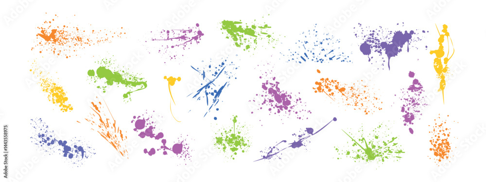 Colored spray paint drips, splatters or inky blots vector set. Dirty splashes, graffiti speckles and inkblot spots. Paintbrush splotches, ink drops or liquid blobs. Abstract grunge splash stains