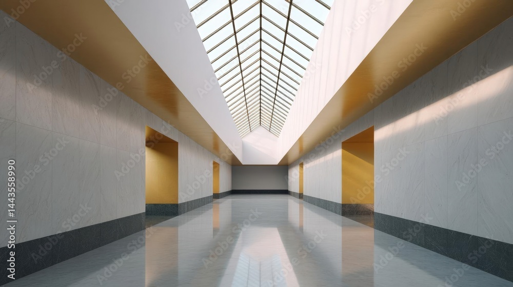 Long, empty hallway with a skylight above it. the hallway has a high ceiling with a glass roof that allows natural light to enter the space. Long, empty hallway with a skylight above it. the hallway has a high ceiling with a glass roof that allows natural light to enter the space.