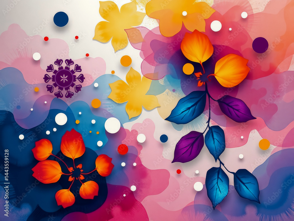 A colorful painting of flowers and leaves with a blue background. The painting has a vibrant and lively mood, with the flowers and leaves appearing to be in motion. The use of bright colors