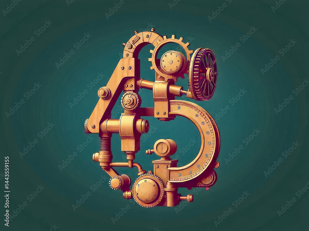 A mechanical letter B with gears and numbers. The letter B is made of gears and has a clock on it