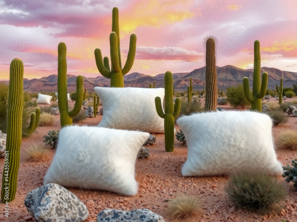 Three white pillows are placed on a desert landscape with cacti and mountains in the background. The pillows are fluffy and white, creating a sense of comfort and relaxation in the otherwise harsh