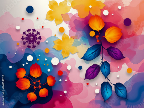 Obraz na płótnie A colorful painting of flowers and leaves with a blue background. The painting has a vibrant and lively mood, with the flowers and leaves appearing to be in motion. The use of bright colors w salonie