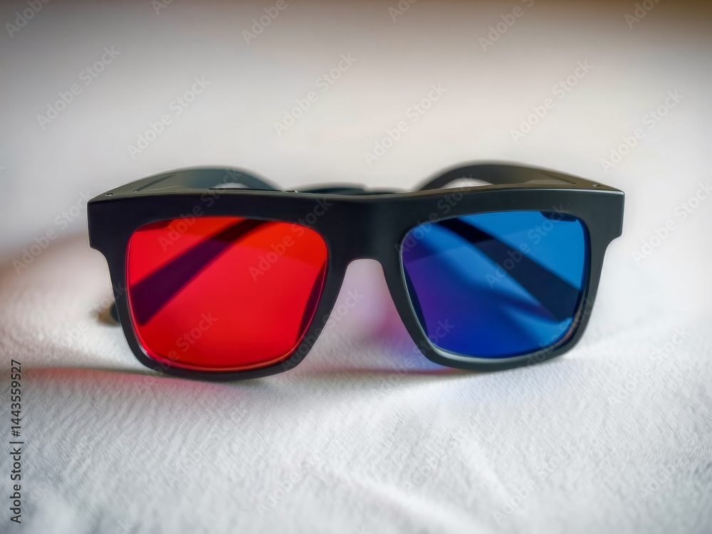 A pair of 3D glasses with red and blue lenses. The glasses are black and are placed on a white surface