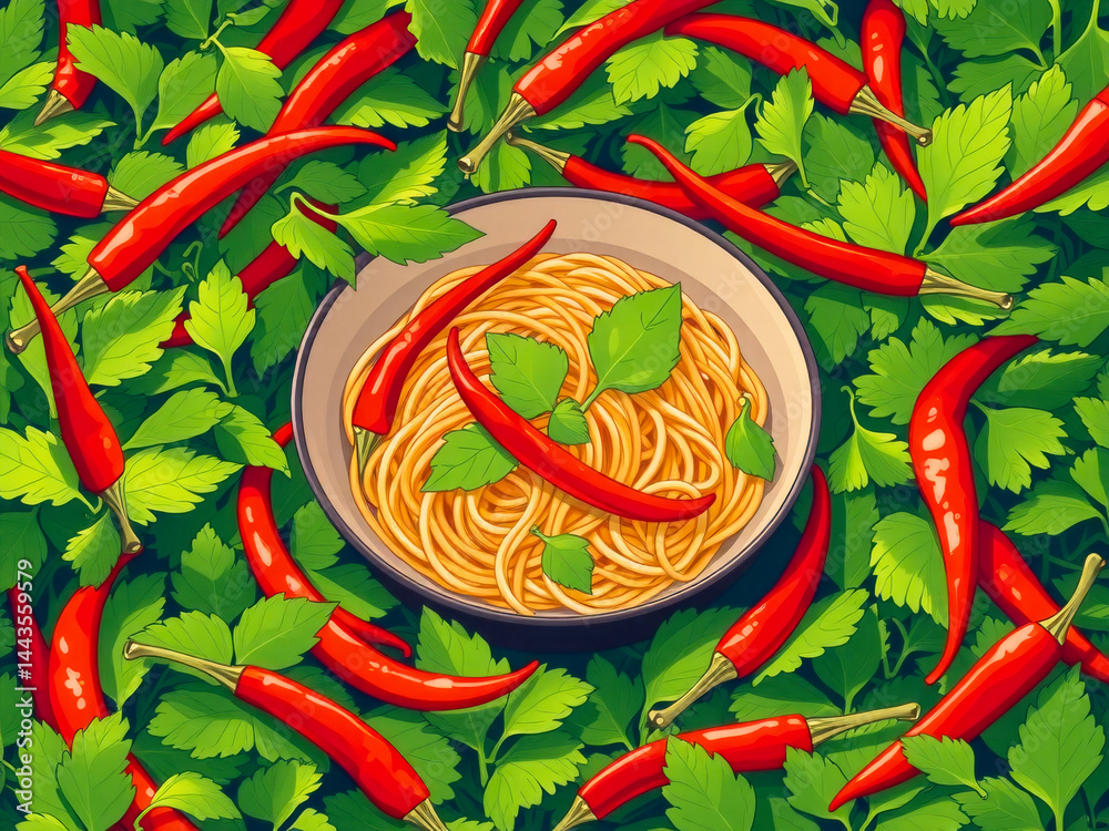 A bowl of pasta with basil and red peppers. The bowl is surrounded by a bunch of green herbs