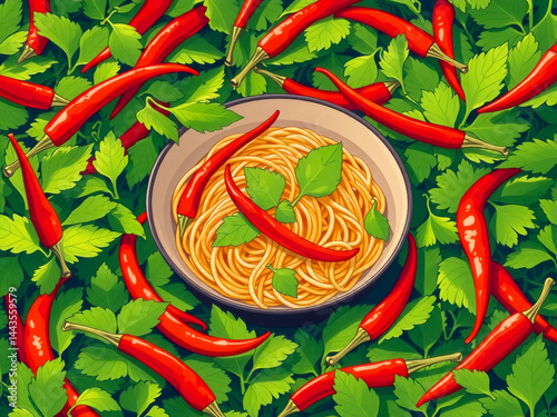 Obraz na płótnie A bowl of pasta with basil and red peppers. The bowl is surrounded by a bunch of green herbs w salonie
