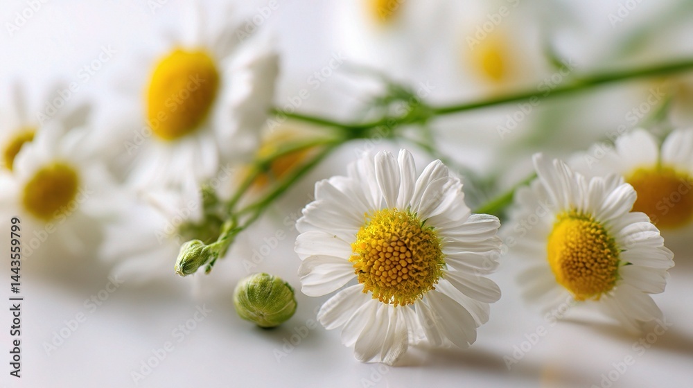Obraz premium Delicate White Daisy Flowers with Bright Yellow Centers in Focus