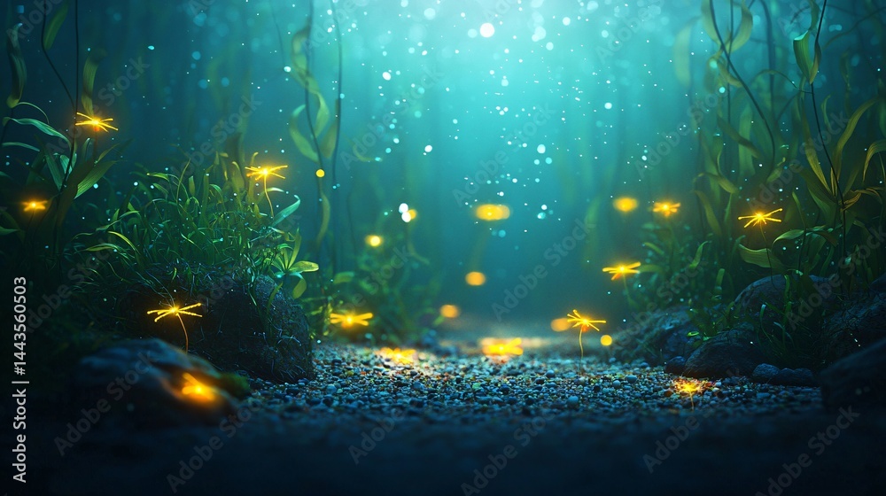 Fototapeta premium Magical forest with glowing lights creating a mesmerizing twilight scene filled with wonder and beauty in a subaquatic setting