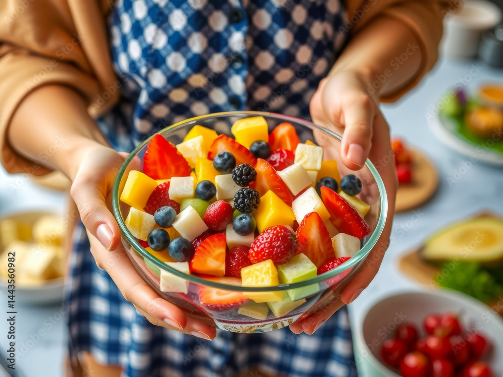 A woman is holding a bowl of fruit salad. The bowl is filled with a variety of fruits including strawberries, blueberries, and bananas. The woman is enjoying the fruit salad
