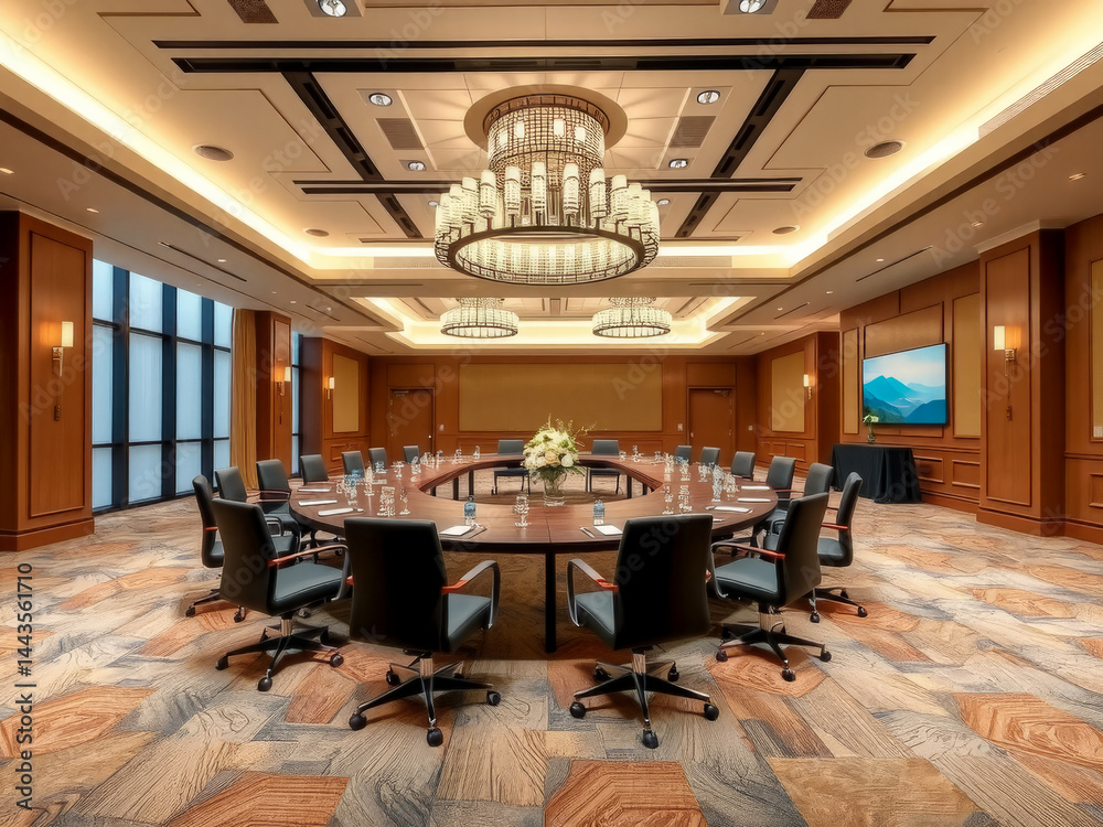 A large conference room with a chandelier hanging from the ceiling. The room is filled with chairs and a large table. Scene is professional and formal