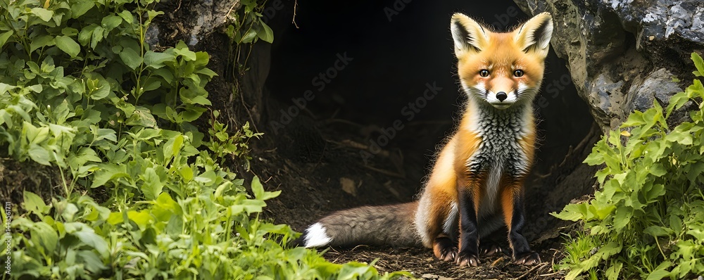 Naklejka premium Adorable red fox kit poses near its den entrance